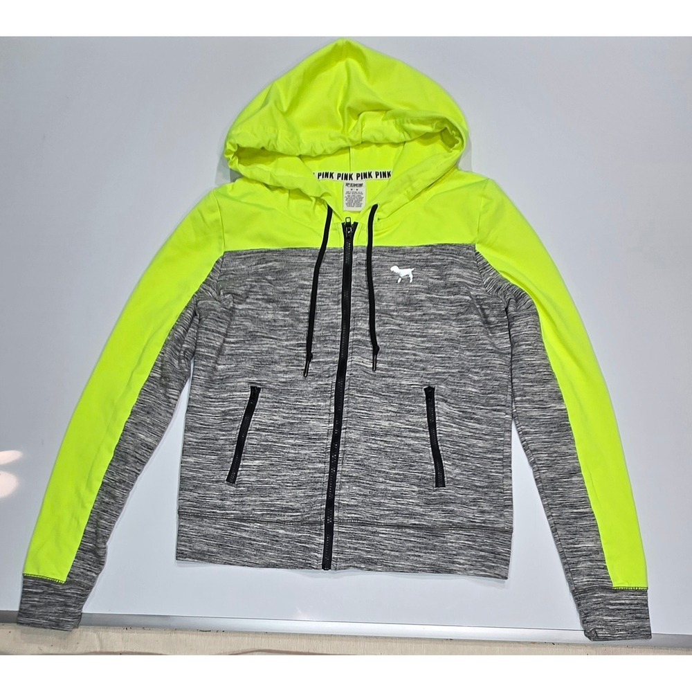 Victoria's Secret PINK Neon Yellow Grey Zip Up Hoodie Jacket Women's M